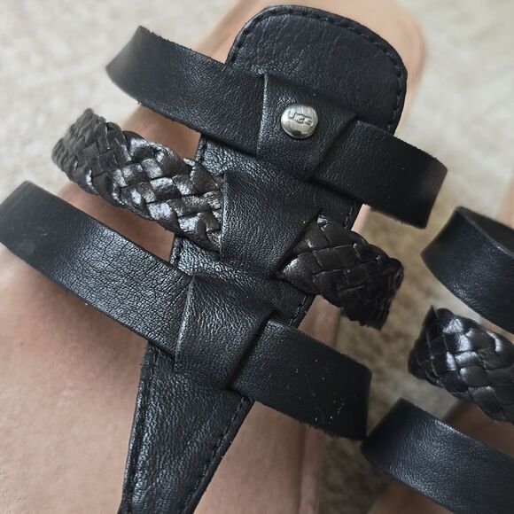 UGG | Black Leather Wedge Sandals - Picture 3 of 7